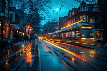 Obraz premium Vibrant Night Scene of a Tram Passing Through a Rainy City Street