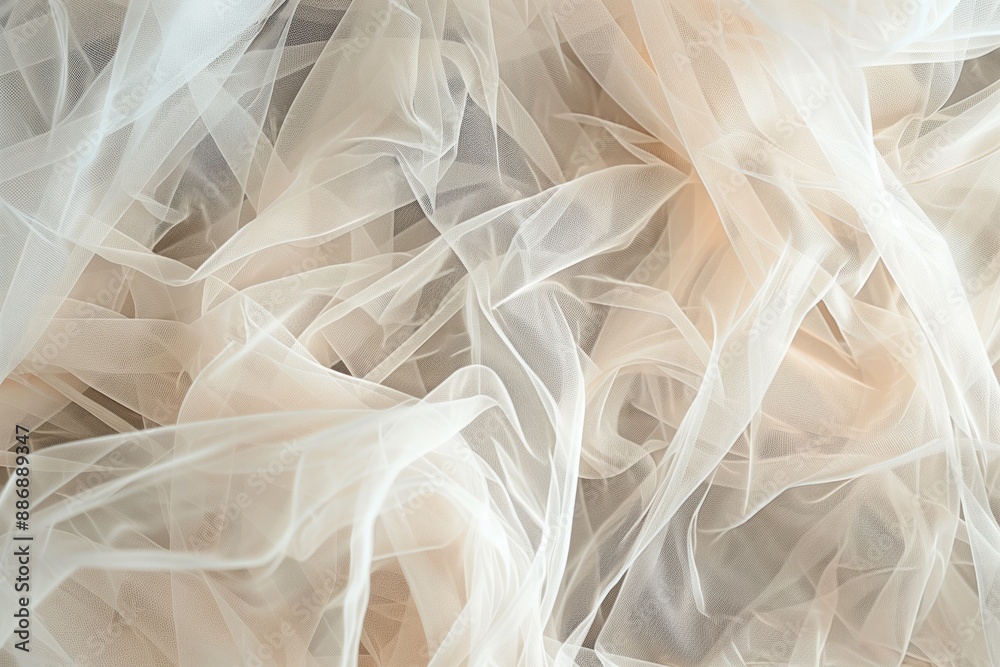 Poster soft white fabric texture, close-up view of sheer material with subtle beige hue. wrinkled surface g