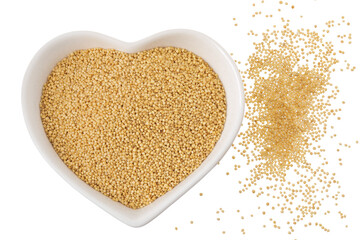 Amaranth grain seeds in ceramic bowl isolated on white background. Top view. Flat lay