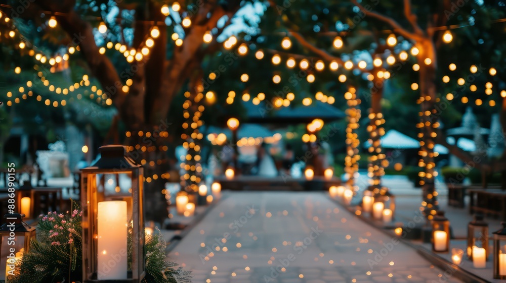 Poster a walkway lit with candles and lights. scene is warm and inviting