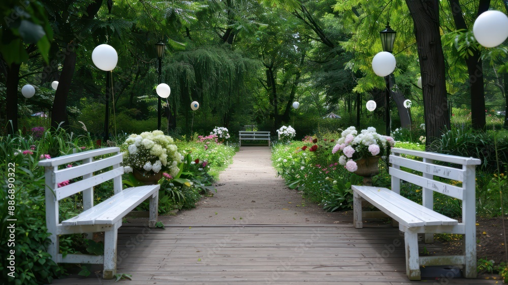 Poster A park with two white benches and a path in between. The path is lined with trees and flowers