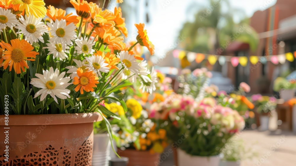 Poster a row of potted flowers with a mix of orange and white flowers. the flowers are arranged in a way th