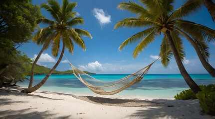 Hawaii a hammock hanging between two palm trees on a tropical beach with clear blue water and a sandy shore with a rock formation in the background. Vacation, E-commerce.