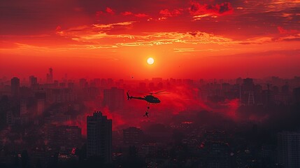 Cinematic scene of a stunt performer parachuting from a helicopter onto a rooftop, with city skyline and sunset, capturing urban adventure. Illustration, Image, , Minimalism,