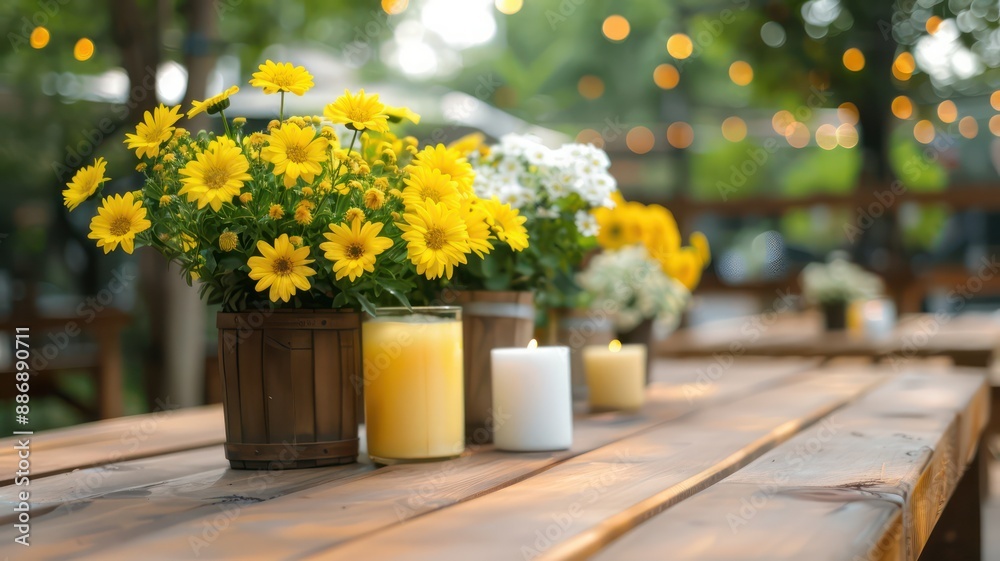 Aufkleber A table with a vase of yellow flowers and candles in front of it. The table is set for a special occasion or celebration