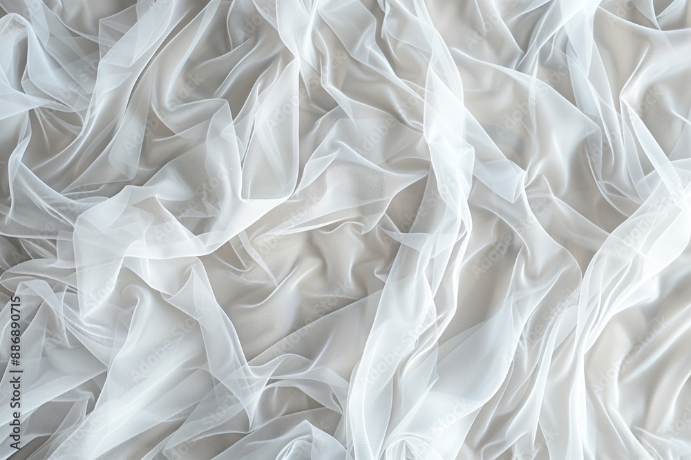 Aufkleber White fabric texture with curled pattern. Close-up shot of lace or chiffon material with diagonal direction. Blurred background highlights intricate details.