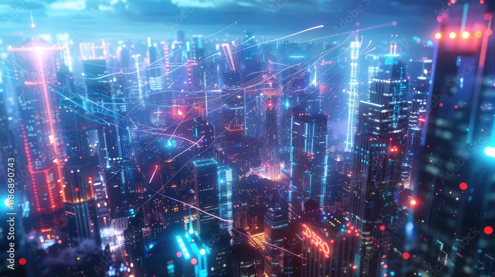 Wall mural futuristic cyberpunk cityscape with glowing cable webs visualizing the concept of high-speed internet connection, sending digital data at lightning-fast speeds