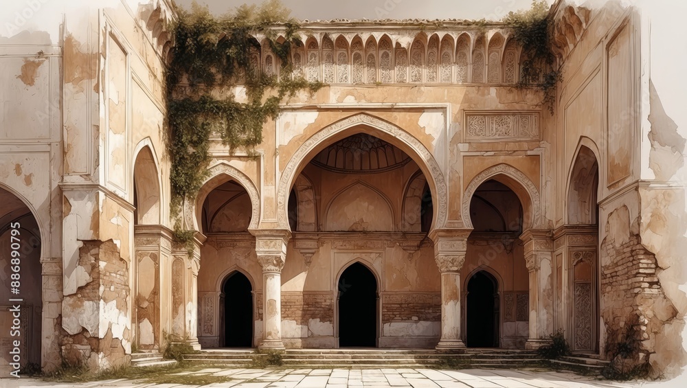 Canvas Prints An aged courtyard with intricate arches and faded details