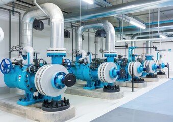 Large blue industrial water pumps and pipes in a facility. AI.