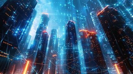 Obraz premium spectacular digital art 3D illustration of a futuristic cyberpunk cityscape with glowing cable webs, representing the power and speed of high-speed internet connection