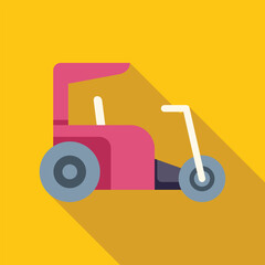 Pink motor tricycle icon in flat style with long shadow on yellow background
