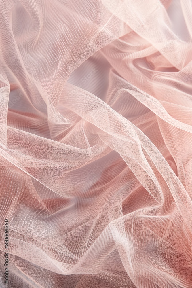 Poster pink tulle fabric close-up with intricate texture pattern. soft pink color stands out against gray b