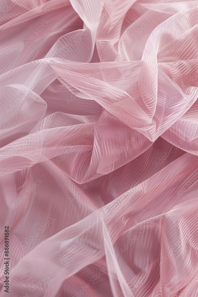 Poster Pink Tulle fabric texture close-up. Soft pink layers create depth and texture on gray background. Perfect for fashion design, textile art, or interior decoration projects.