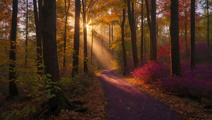 Obraz premium Orange and red autumn forest, path, sunset