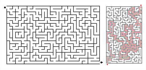 A rectangular maze game of medium difficulty. Vector illustration of puzzle maze