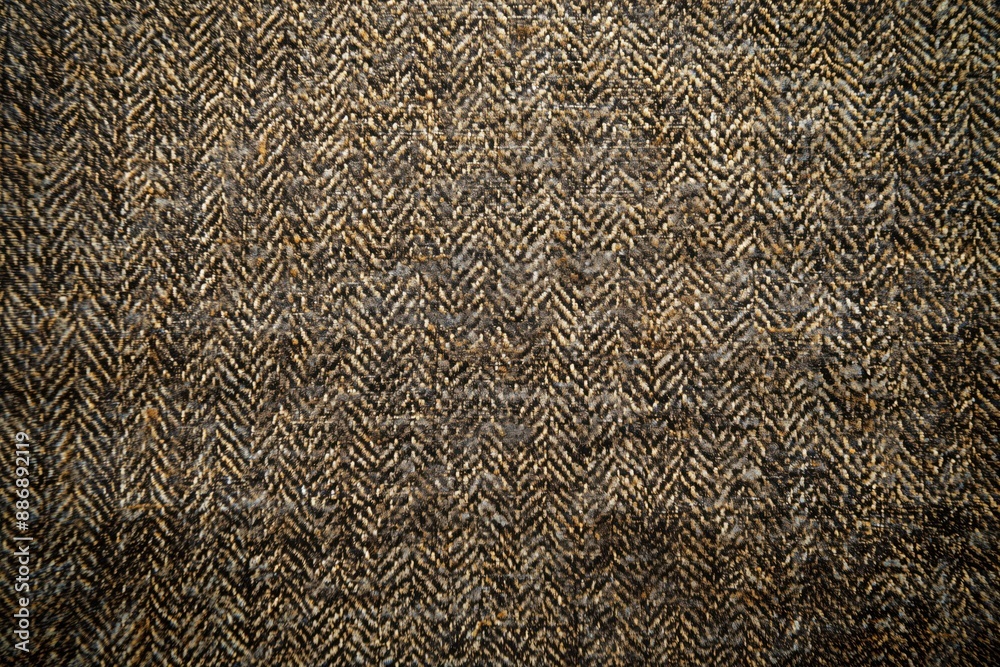 Poster close-up of woven fabric shows dark brown tweed texture with intricate patterns. visible warp and we