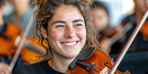 A young violinist smiles joyfully while playing in an orchestra. Her enthusiasm and passion for music are evident, adding to the vibrant atmosphere of the rehearsal. AI.