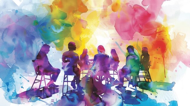 thought-provoking watercolor painting of a group therapy session, highlighting mental health concepts and the importance of community support