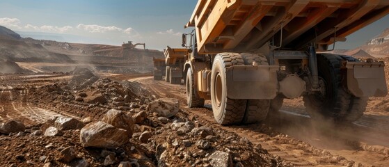 Fototapeta premium Industrial Heavy-Duty Trucks Transporting Minerals from Excavation Site