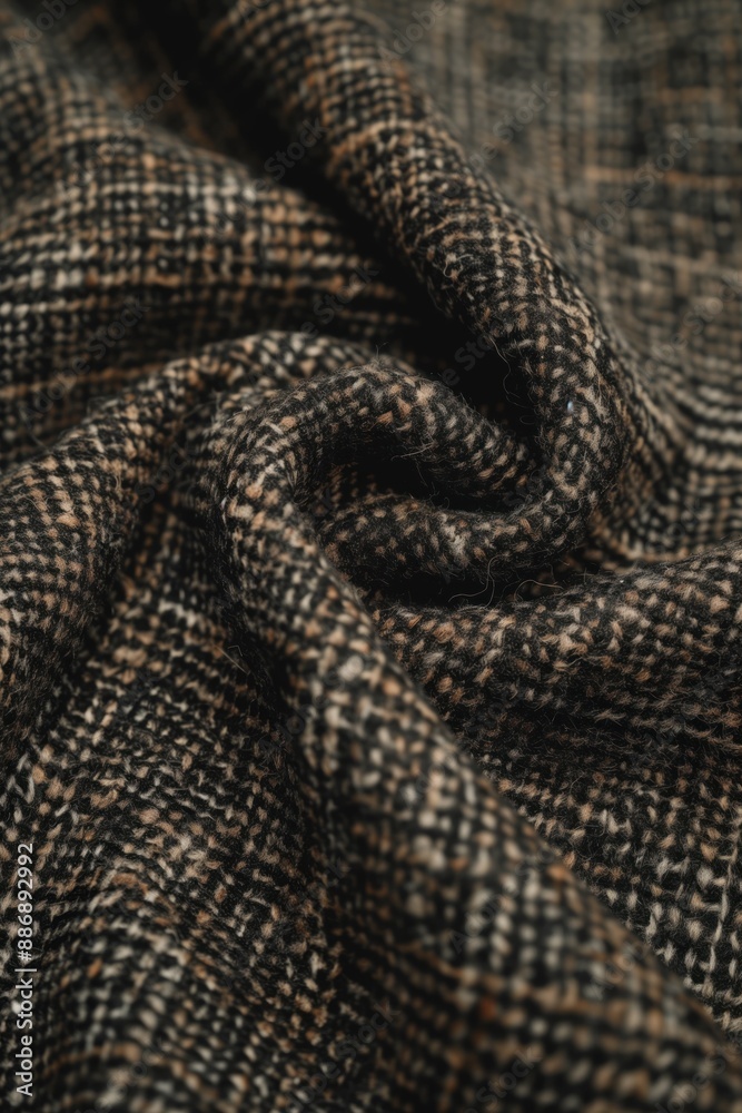 Aufkleber Black fabric with white spots texture. Close-up view of tweed cloth with random pattern. Wrinkled surface adds depth to image. Suitable for fashion, design, and textile projects.