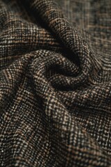 Fototapeta premium Black fabric with white spots texture. Close-up view of tweed cloth with random pattern. Wrinkled surface adds depth to image. Suitable for fashion, design, and textile projects.