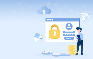Online register and access account concept. Protect your personal detail, verify account, password, encryption, strong password, identity to access data. Flat design vector illustration.