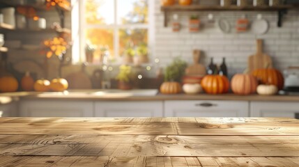 warm and inviting autumn kitchen scene with a wood table and copy space, featuring pumpkin decorations and a cozy atmosphere