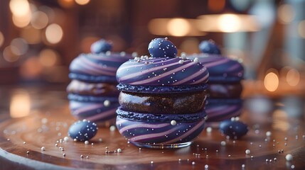 Galaxy macarons in a glass jar, with visible swirls of navy, purple, and black, adorned with silver specks. Set against a soft-focus background of a kitchen, with warm,
