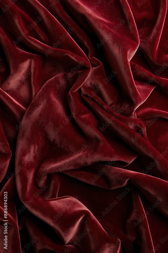 Poster Red velvet fabric texture close-up. Crumpled fabric adds texture to scene. Neutral beige background highlights vibrant red color. Fabric part of larger composition or setting.