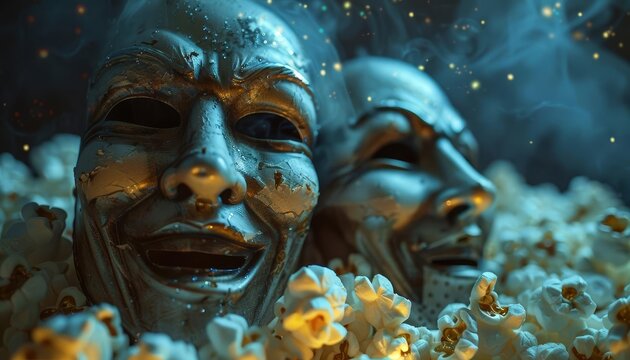 Cinematic reel with popcorn and theatre masks, film and stage fusion, entertainment duo
