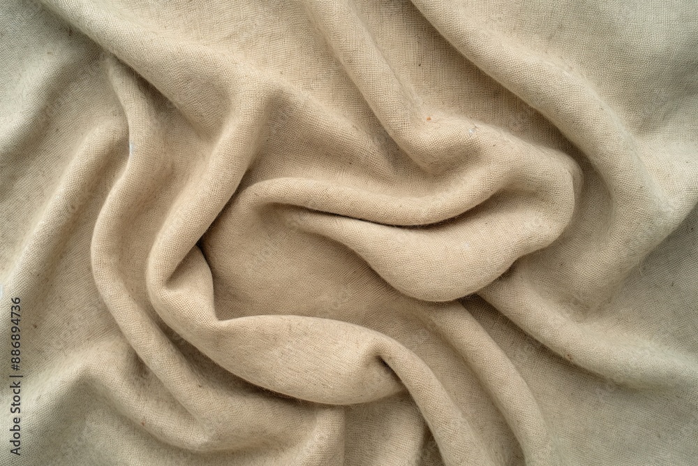 Poster Close-up view of beige fabric with subtle texture, slightly curled edges. Natural wool cloth texture, smooth surface, covering frame. Intimate composition with blurred background.