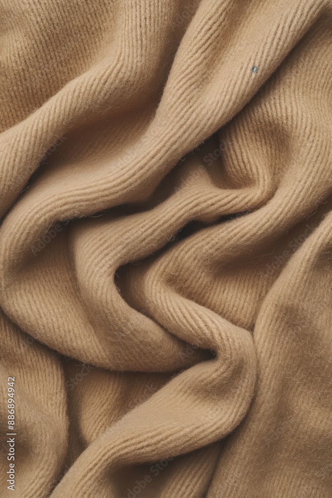Aufkleber Beige fabric texture close-up. Soft wool material with slight curl and wrinkles adds natural texture. Blurred background highlights fabric smooth surface.