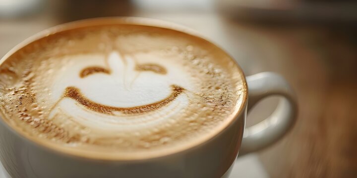Closeup shot of a smiling mans face made with coffee latte art. Concept Coffee Latte Art, Closeup Portrait, Smiling Man, Beverage Photography, Artistic Expression - Powered by Adobe