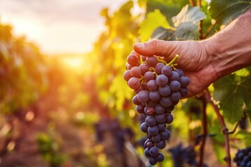Obraz premium Hand holds bunch of dark purple grapes with green leaves. Vineyard landscape blurred in warm sunset glow. Human hand picks ripe fruit. Close up shot on sunny day.