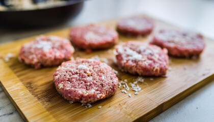Raw veal cutlets on chopping board, before cooking for hamburgers and other dishes. Tasty food.