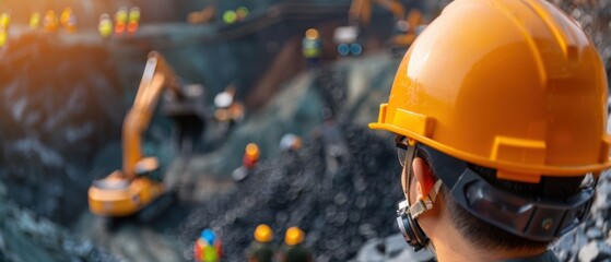 Fototapeta premium Worker in a hard hat examining minerals for quality control in industrial setting