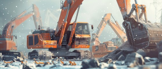 Fototapeta premium Industrial Scene with Heavy Machinery Loading Minerals onto Transport Vehicles in Mining Site