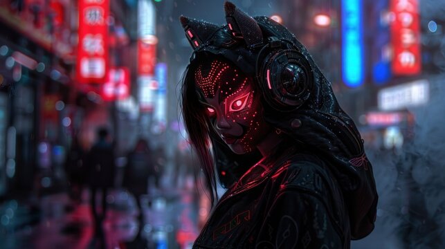 Mysterious cyberpunk girl character dark devil mask background wallpaper AI generated image