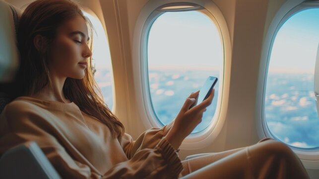 A young woman sits by the window of an airplane, her eyes fixed on her phone. She is wearing a casual outfit and has her long hair down
