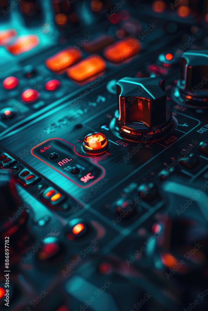 Poster A close-up view of a control panel with red and blue LED lights