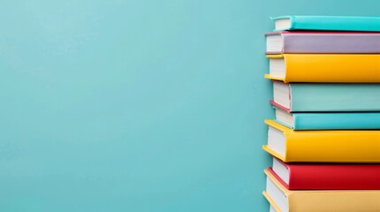 Fototapeta premium A blue table holds a stack of books against a green wall Books stacked on the table