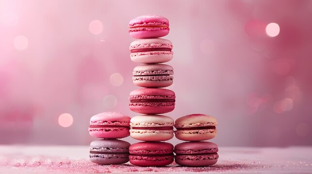 A berry delight macaron pyramid, with each macaron layer representing a different rich tone of raspberry red, blueberry blue, and blackberry purple. The background is a soft pastel gradient,