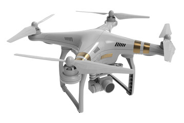 Realistic 3D render illustration of professional remote controlled wireless RC quadcopter drone with 4K video and photo camera for aerial photography isolated on white background