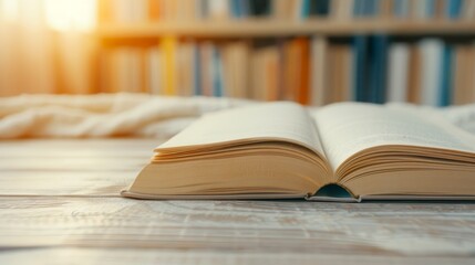  A bookshelf houses a single open book on its adjacent table Background consists of more bookshelves