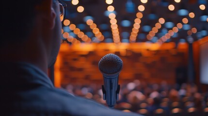 Attendee in seminar room with abstract blurred microphone overhead