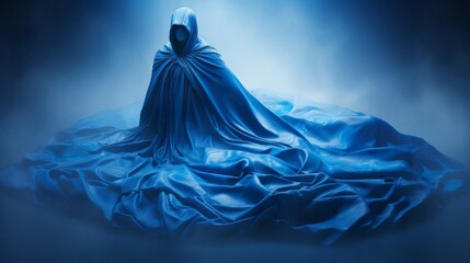 A hooded figure stands on a misty platform, engulfed in a flowing blue cape