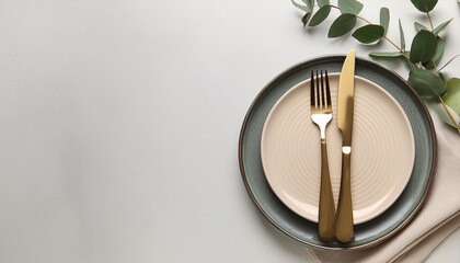 Stylish setting with cutlery, napkin, eucalyptus branch and plates on light table, top view