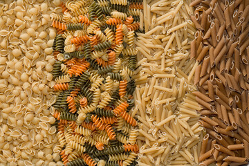 Fototapeta premium Close-up full frame color background photo of various types of uncooked pasta noodles