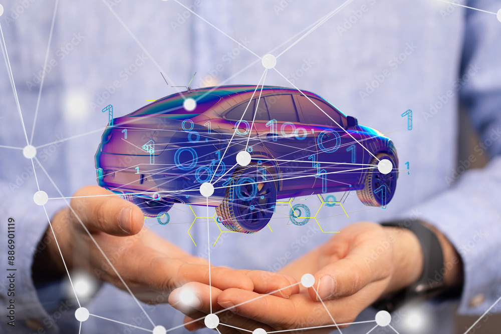 Poster Autonomous car with HUD graphic of Navigation system driving