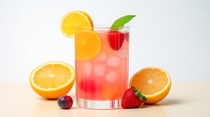 Fototapeta premium Sparkling glass filled with vibrant orange juice and citrus slices, a refreshing burst of vitamin-packed goodness